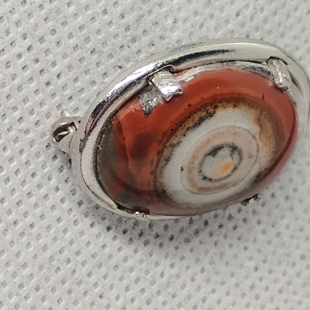 Vtg Bullseye Eye Agate Brooch Silver Tone Carnelian Orange Brown White Oval - Picture 3 of 8